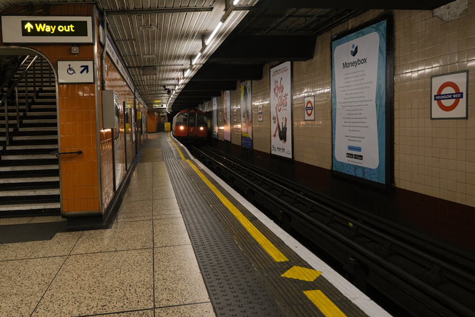 Interior view of West Hampstead Underground station platform with beige tiled walls and flooring, illuminated by overhead fluorescent lighting. On the left, a staircase with orange tiled sides and a black handrail leads upwards. Above the staircase, a yellow and black 'Way out' sign is visible. Along the platform wall, several advertising posters are displayed, including a blue Moneybox ad. A train with red front and white sides is approaching or stopped at the platform. A dark brown trim runs along the bottom of the tiled wall. The platform features tactile paving with yellow textured warning strips near the edge, indicating safety for commuters. The station appears clean, well-maintained, and ready for passenger use, aligning with professional cleaning standards and station maintenance practices. This image is from Carpet Cleaning West Hampstead, highlighting the importance of surface cleaning and hygiene in public transport environments.
